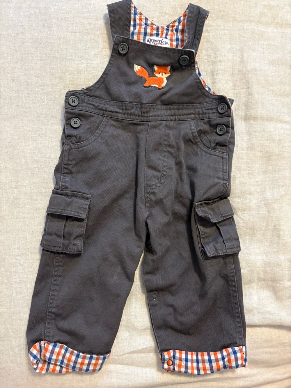 Kitestrings by Hartstrings Baby Fox Embroidery Plaid Lined Twill Overalls 6-9 Mo